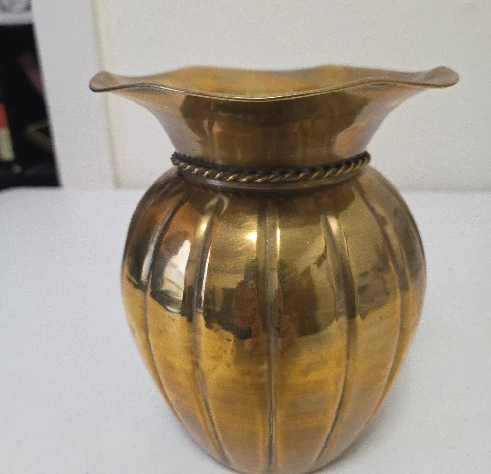 Vintage Solid Brass Decorative Rope-Twist Vase - Gold